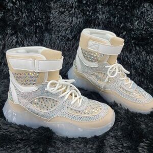 Cape Robbin Cream & Tan Iridescent Rhinestone Beaded Design High Top Sneakers